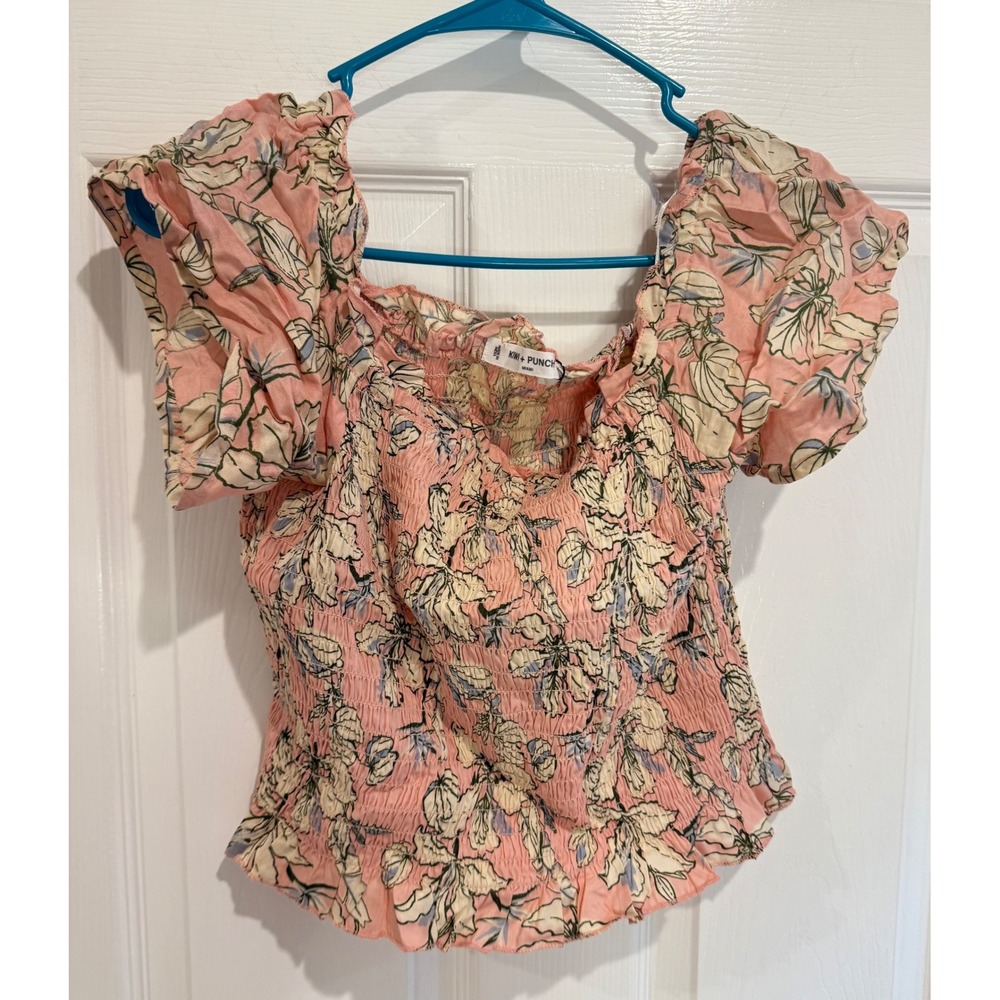 4/$17 Kiwi + Punch Floral Smocked Crop Top Ruffle Sleeve‎ Sweetheart Neckline S